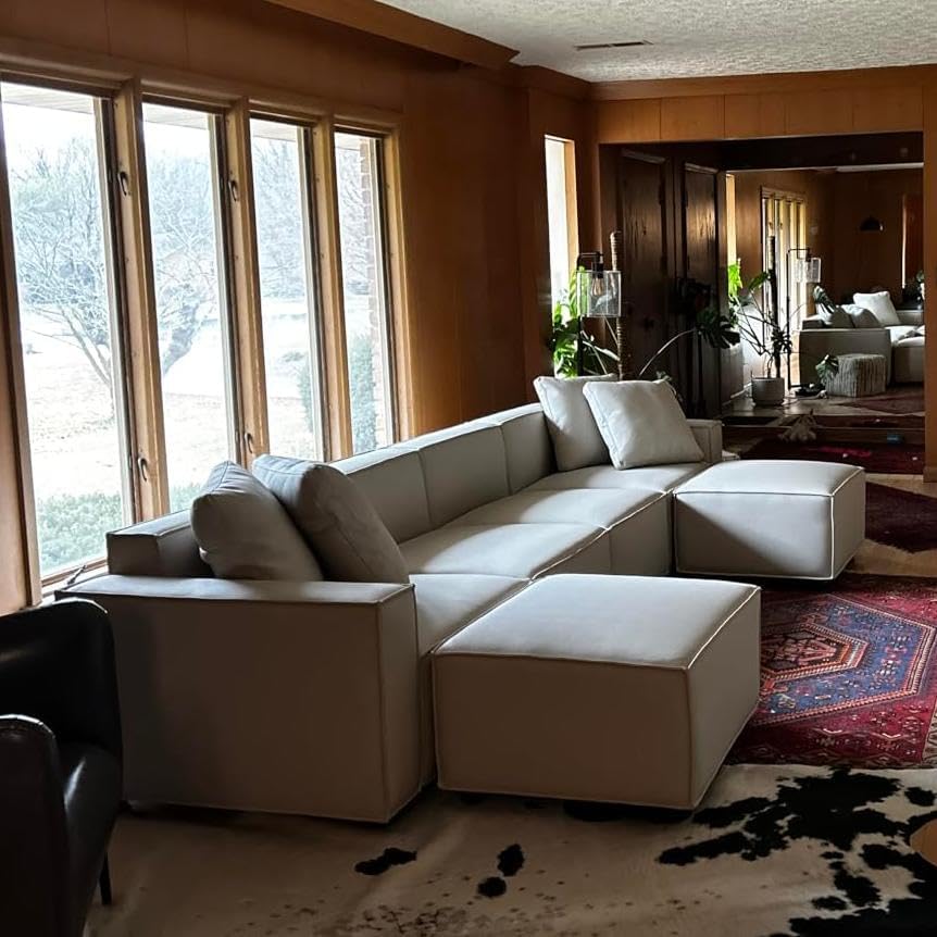 Acanva Luxury Modular Sectional Couch with Moveable Ottoman and Chaise, Modern Minimalist Style Sofa for Living Room, Apartments, U-Shape, Vegan Leather Cream
