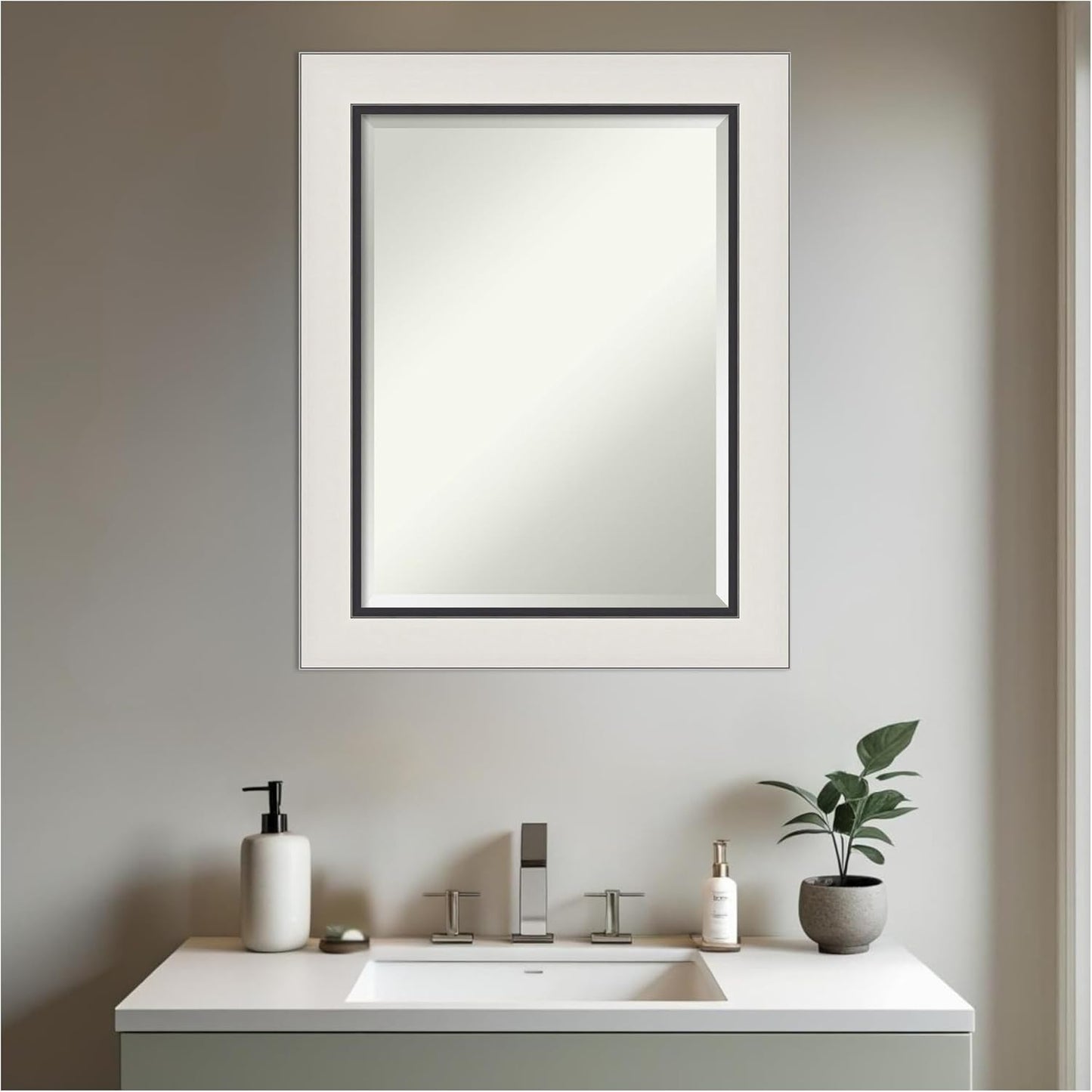Amanti Art Silver Bathroom Mirror for Over Sink, 30x24 Ellie Silver Black Rectangle Vanity Mirror, Medium Modern Contemporary Frame, Hangs Horizonally and Vertically, Bathroom Wall Decor, Beveled Edge