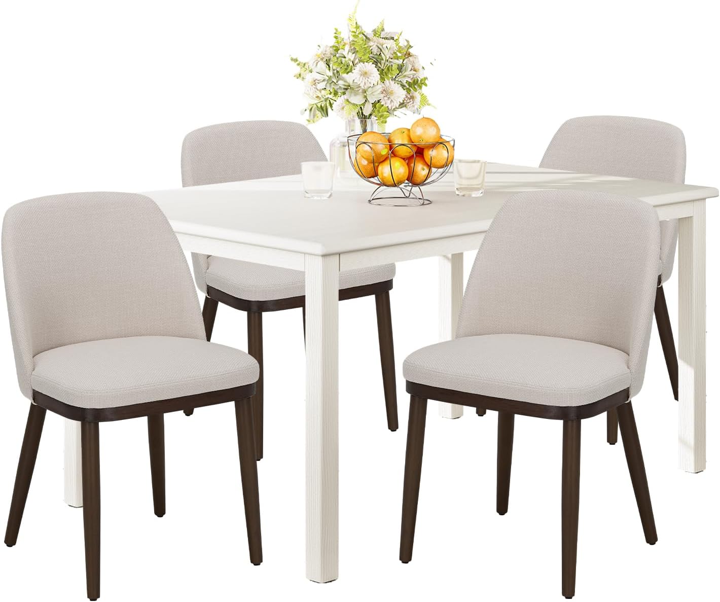 COLAMY 60 Inch Rectangular Kitchen Dining Table for 4, Modern Farmhouse Dining Table Set for 4, Wood Dining Table and Upholstered Dining Chairs for Kitchen, Dining Room, Restaurant, White/Beige