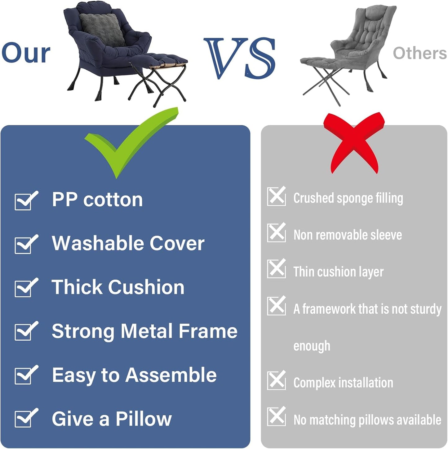 Large Lazy Chair with Ottoman, Accent Reading Chairs with a Throw Pillow, Cozy Lounge Chair with Armrest, Leisure Sofa Chairs for Living Room, Bedroom, Dorm, Navy Blue