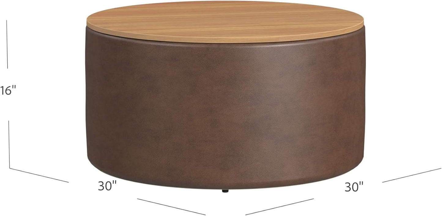 HomePop Modern Fabric Storage Ottoman with Wood Top - Faux Brown Leather