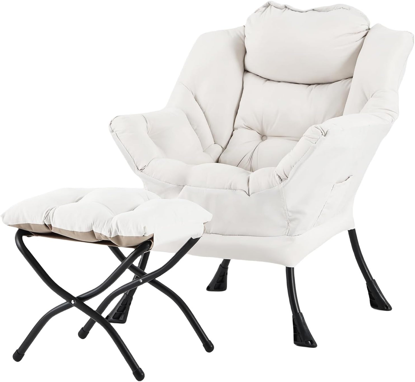 Lazy Chair with Folding Ottoman, Modern Accent Lounge Armchair with Armrests and a Side Pocket & Foldable Footstool, Leisure Reading Chair for Living Room, Bedroom, Dorm & Office, Beige