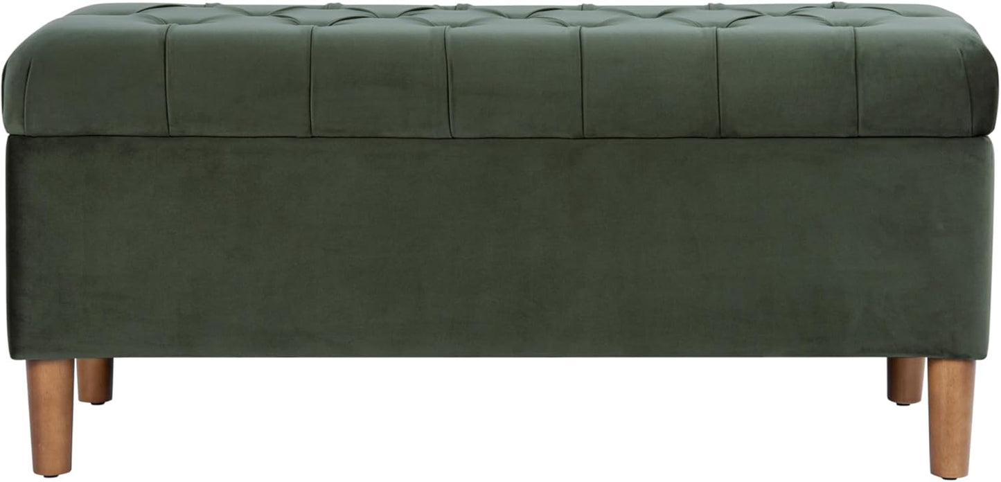 HomePop Home Decor | Tufted Ainsley Button Storage Ottoman Bench with Hinged Lid | Ottoman Bench with Storage for Living Room & Bedroom,Loden Green Velvet