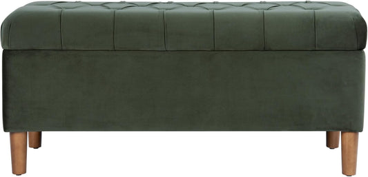 HomePop Home Decor | Tufted Ainsley Button Storage Ottoman Bench with Hinged Lid | Ottoman Bench with Storage for Living Room & Bedroom,Loden Green Velvet