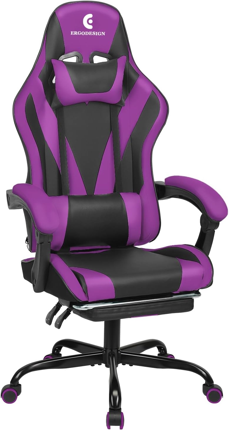 Gaming Chair with Linkage Armrest & Footrest, High Back Video Gaming Chair, Black/Purple