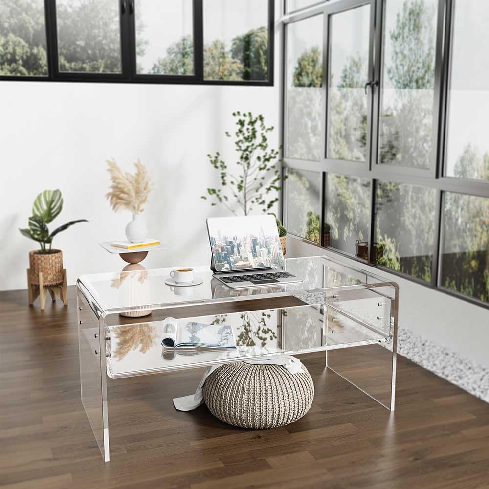 32inch Premium Clear Acrylic Rectangle Coffee Table with Storage Shelf for Living Room,Mid Century Transparent Waterfall Low Tea Table, Middle Size Table (32"x16"x16") Fit for 2 Seat Sofa