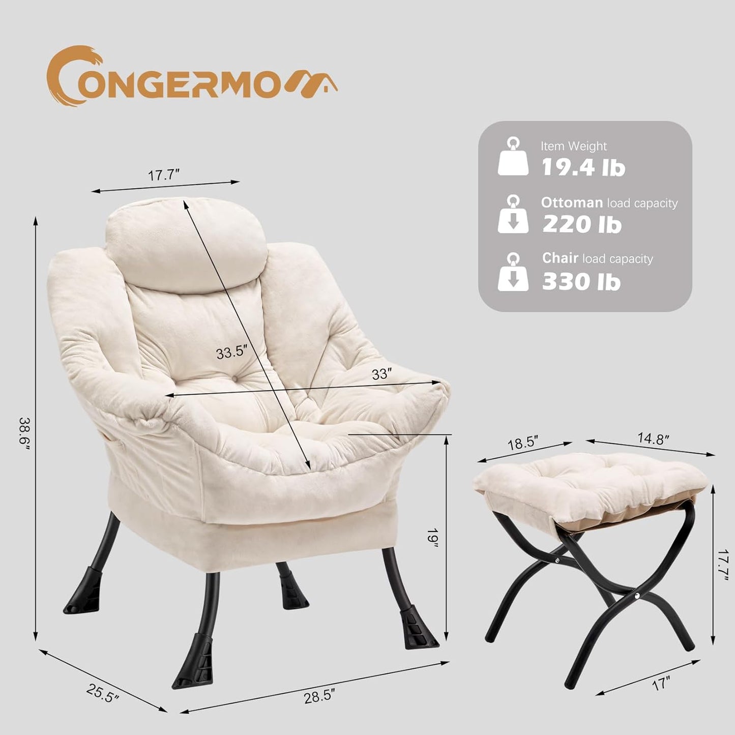 Lazy Chair with Folding Ottoman,Leisure Sofa Chair,Soft Fabric Armchair with Armrests and Side Pockets, Reading Chair with Footrest for Living Room, Bedroom, Office (Plush Beige)