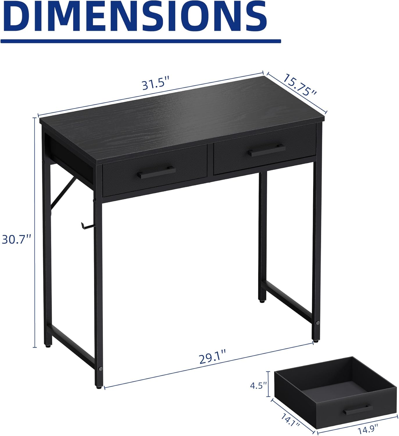 Pamray 32 Inch Small Computer Desk with 2 Drawers for Bedroom Study Writing Home Office Table for Small Spaces Black