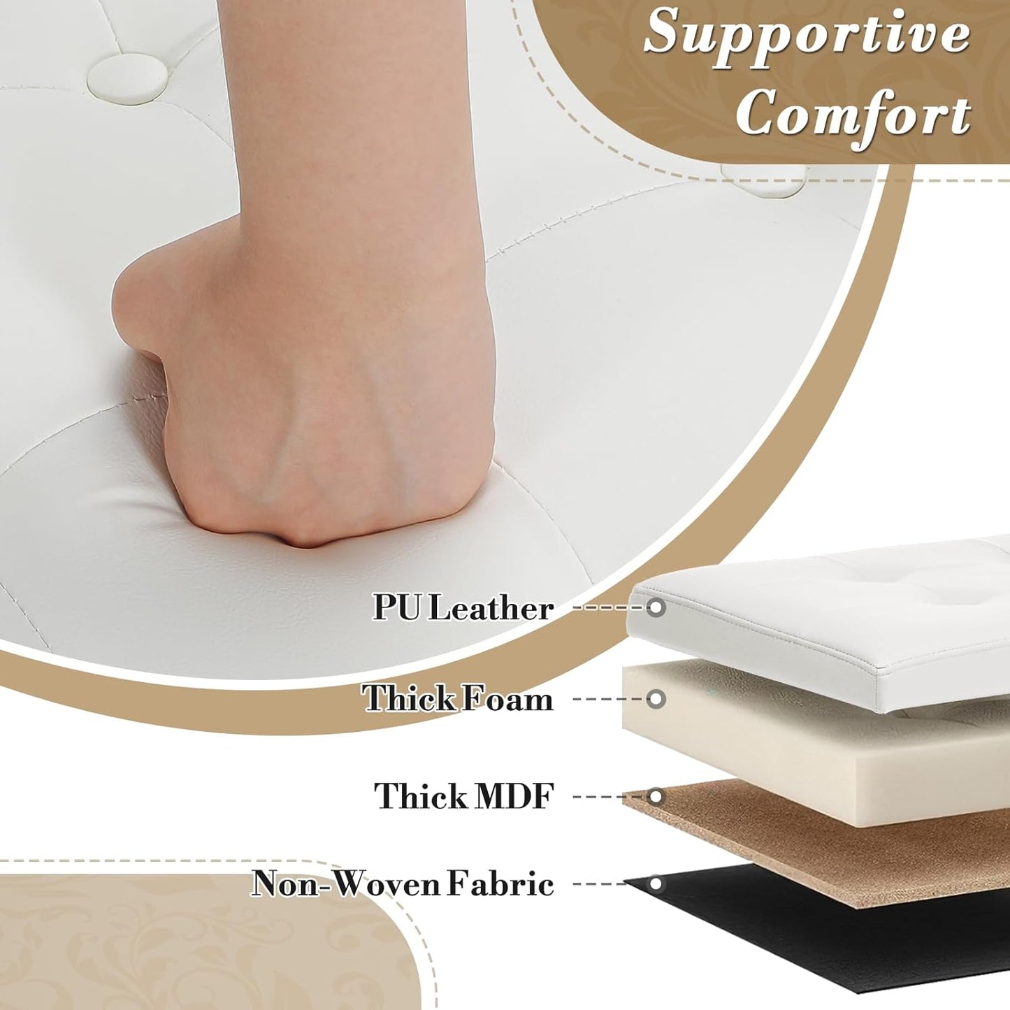 Athena Collection 15 Inch Small Ottoman with Storage, Round PU Leather Storage Ottoman Foot Rest with Removable Lid, Multipurpose Footstool Footrest for Living Room, Bedroom, Dorm, White