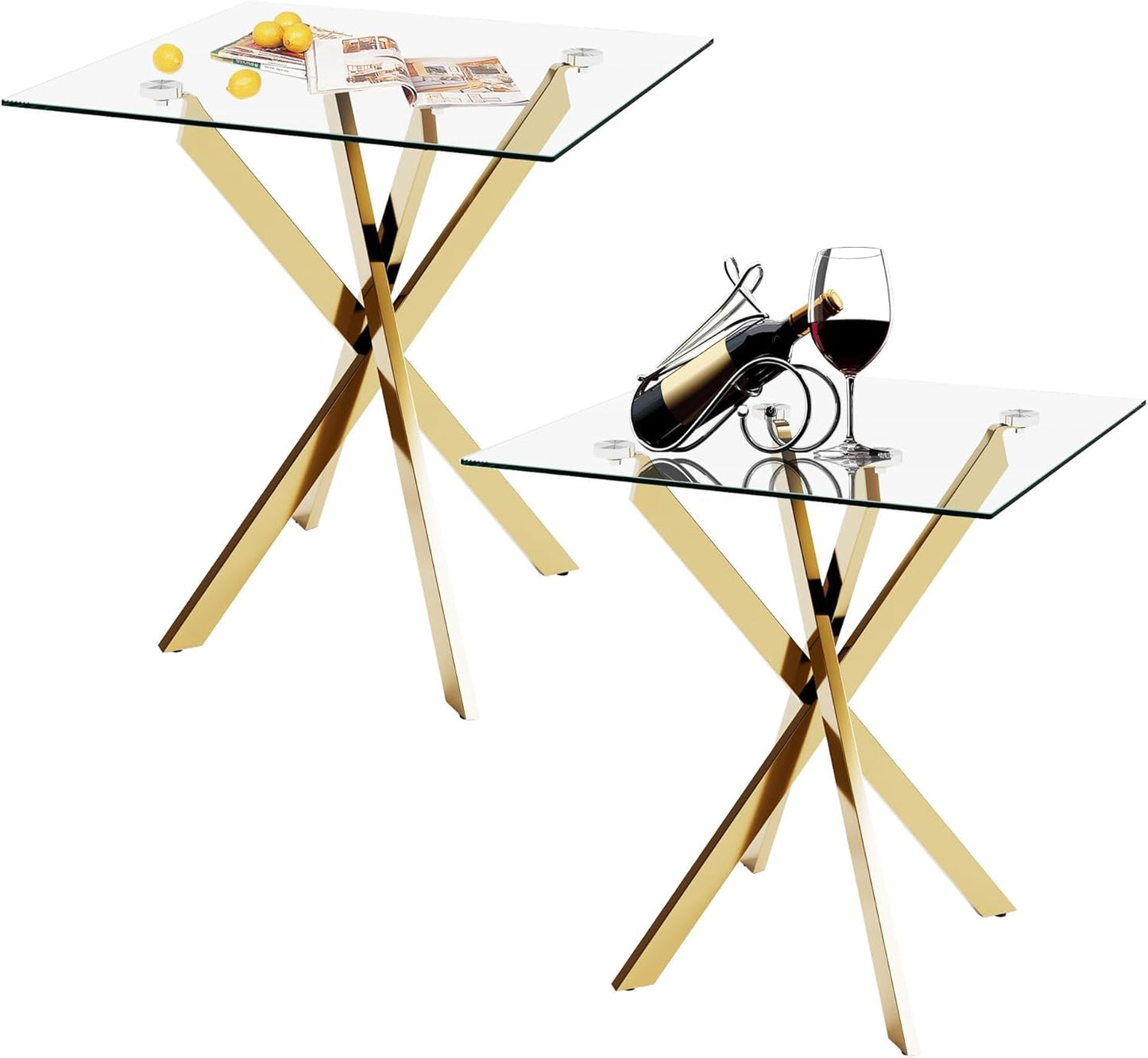 Side Table Set of 2, Modern End Table Set with Tempered Glass Top and Metal Legs for Home Office (Gold)