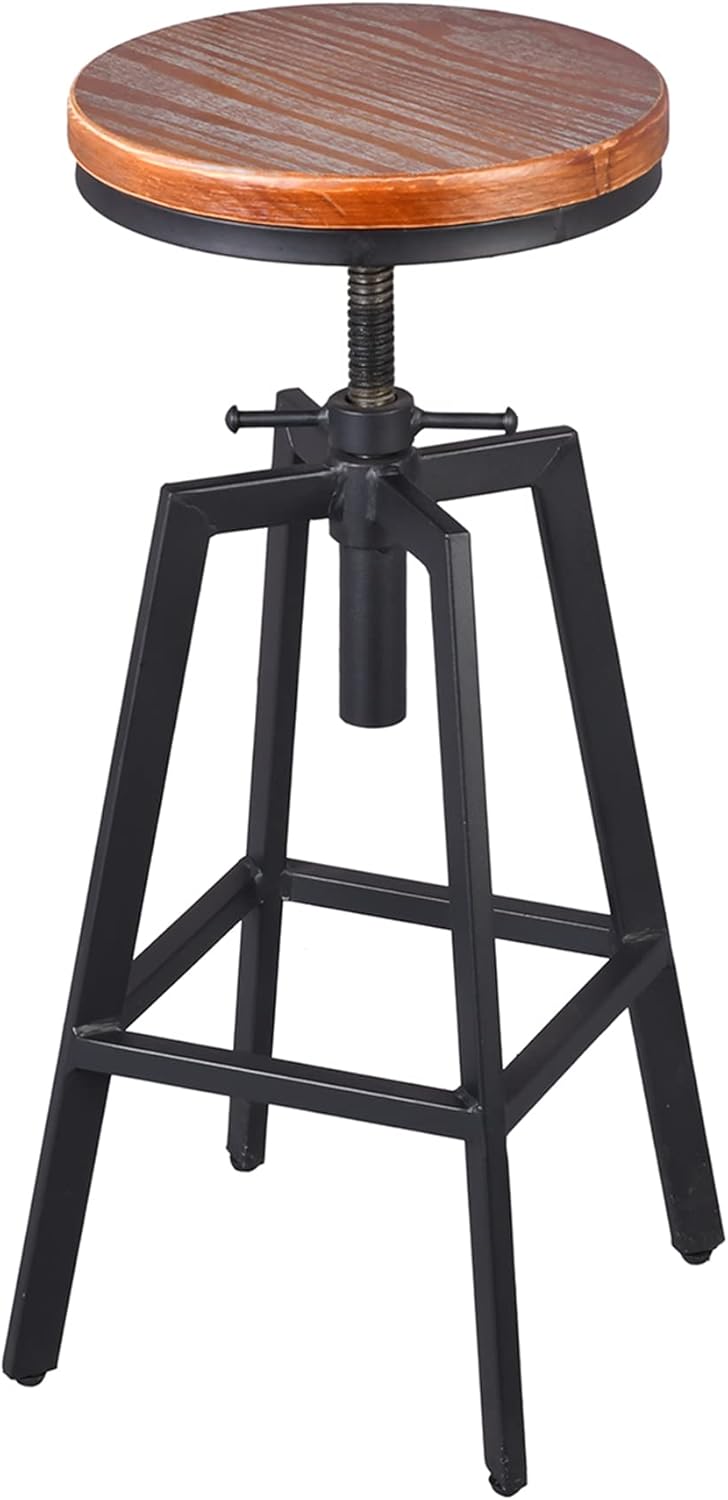 Diwhy Industrial Bar Stools, Kitchen Dining Chair, Wood Metal Stool, Adjustable Height Swivel Counter Height Chair, Black, Fully Welded Set of 2 (Brown Wooden Top)