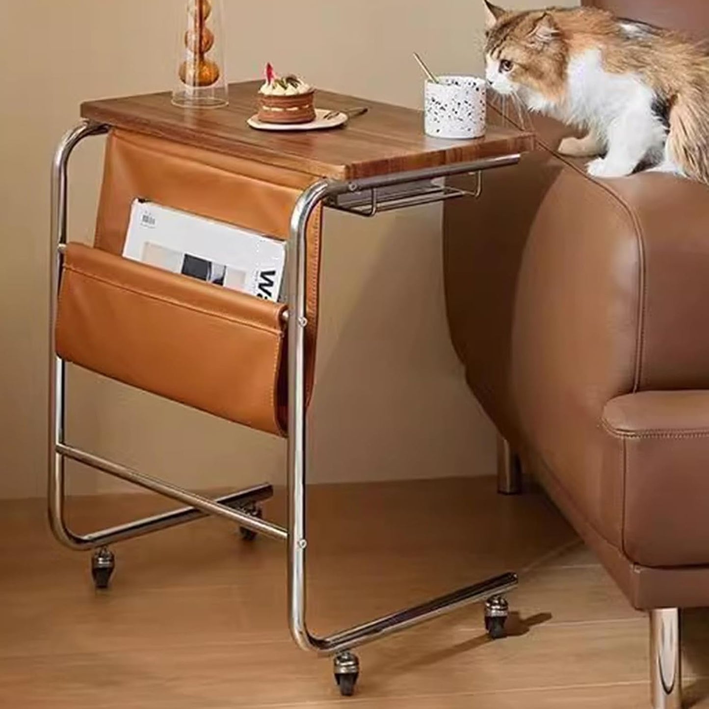 C-Shaped End Table, Sofa Side Table with Rotating Wheels, Rolling End Table with Storage, Small Couch Side Table for Bedroom, Swivel Tray Table for Living Room, Office