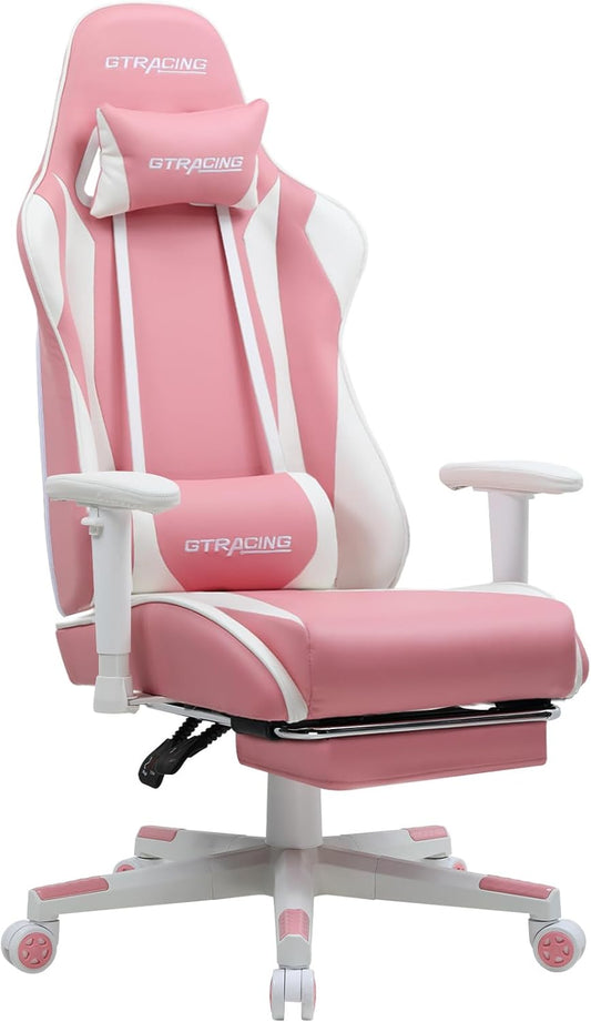 GTRACING Gaming Chair with Footrest, Ergonomic Computer Game Desk Chair, Reclining Gamer Chair Seat Height Adjustment, Swivel Rocker with Headrest and Lumbar (Pink)