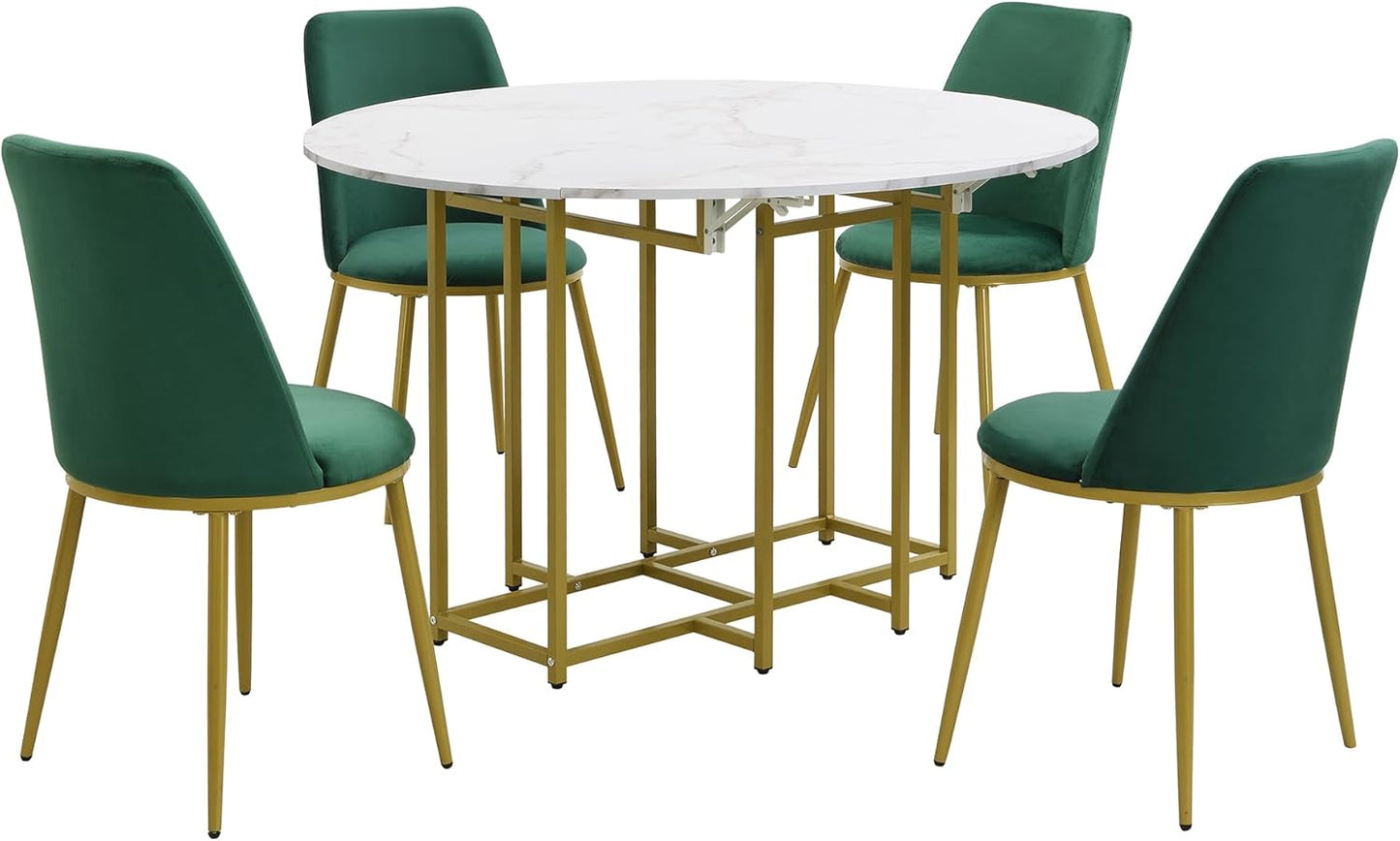 Merax 47.2” Round Dining Table Set for 4, Foldable Kitchen Dining Table with 11.8” Drop Leaves, Faux Marble Top with Golden Frame, 4 Upholstered Chairs (White+Green)