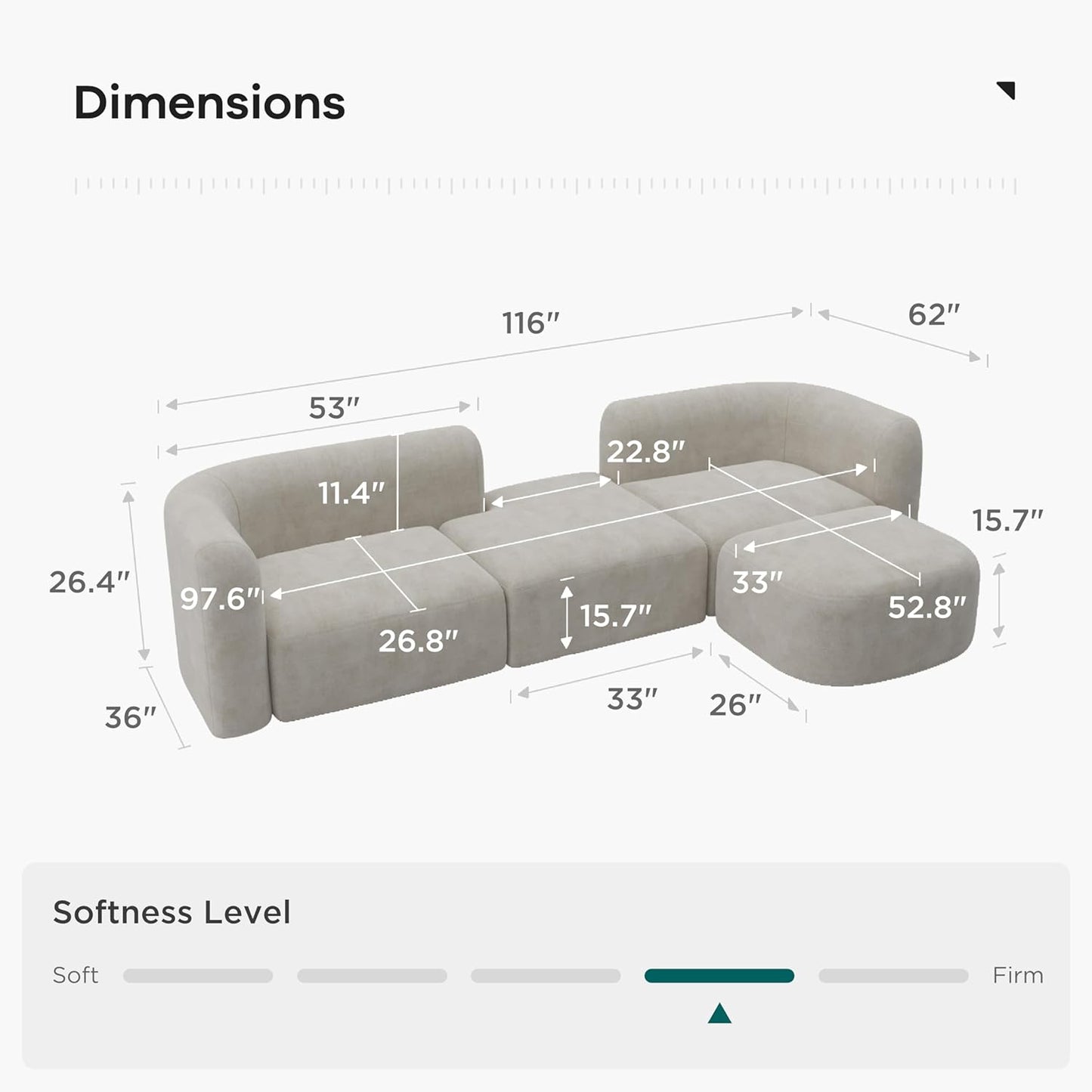 Acanva Luxury Modern Tight Curved Back Velvet Sofa, Minimalist Style Comfy Couch for Living Room Apartment, 4 Seater Modular Sectional, Cream