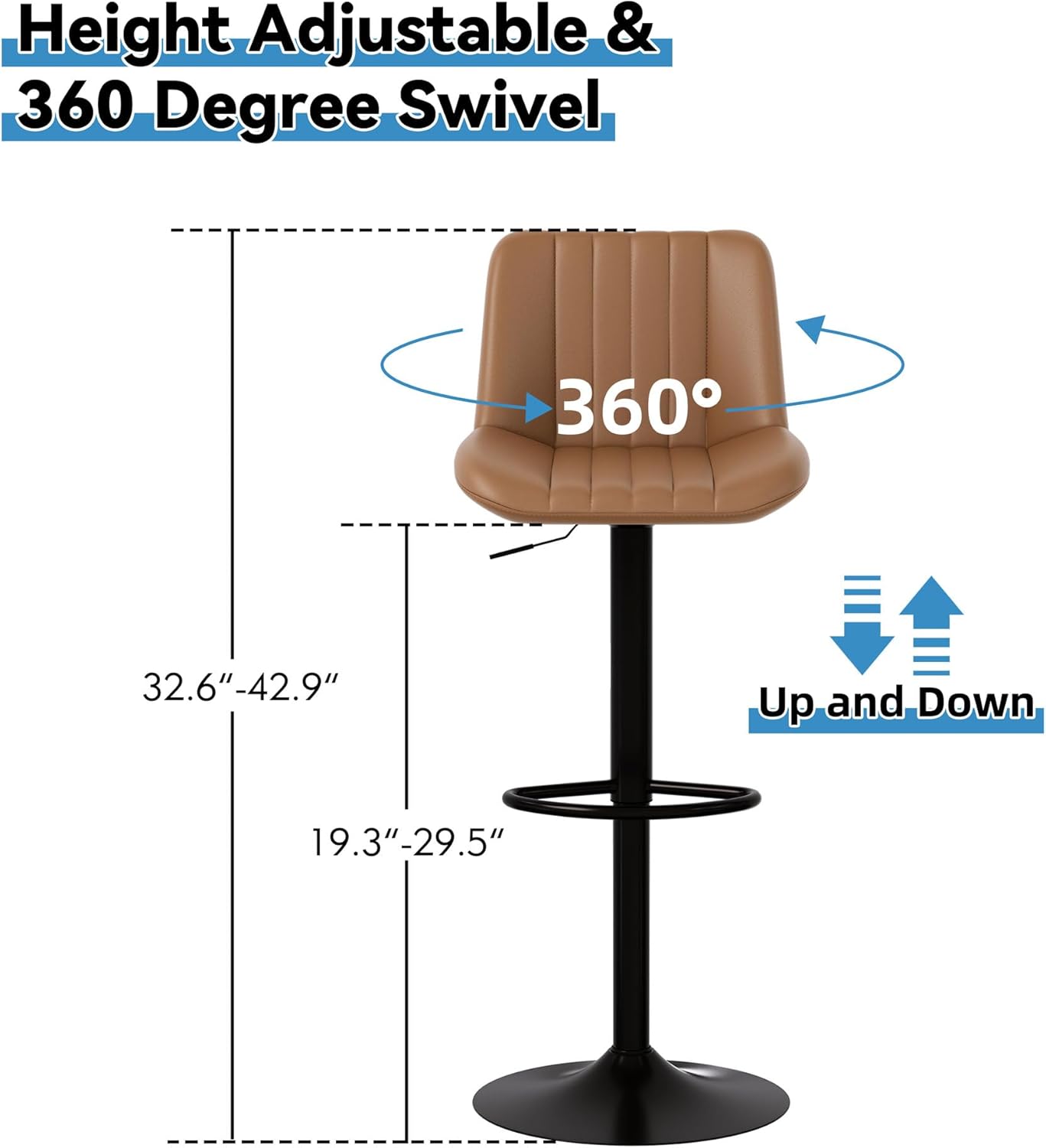 Shintenchi Swivel Bar Stools Set of 2, Adjustable Faux Leather Upholstered Swivel Counter Stools, Armless Bar Height Island Chairs with Back and Footrest, Coffee