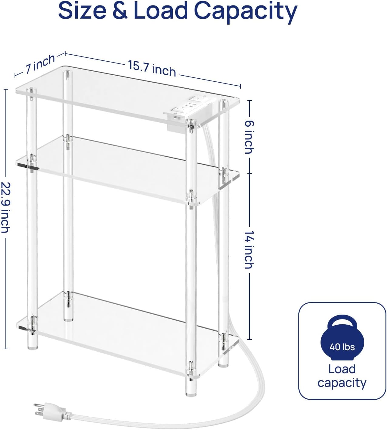 HMYHUM Acrylic Narrow Side Table with Charging Station, 7" Width, 3 Tier Small End Table for Small Spaces, Skinny Nightstand/Bedside Table with USB Ports & Outlet, Clear