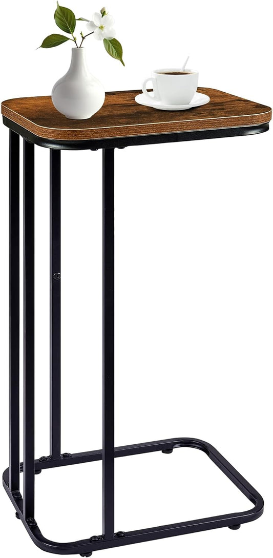 C Shaped End Table, 27 Inches High Small Side Table for Sofa and Bed, Couch Table That Slides Under, Tall Tv Tray Table for Living Room, Bedroom, Metal Frame, Rustic Brown & Black