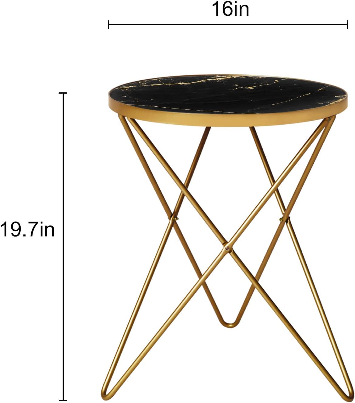 HLR Modern Round Side Table, End Table with Marble Effect Top and Gold Metal Frame, Small Side Table for Living Room, Bedroom, Sofa and Couch, Gold Legs, Black Marble top