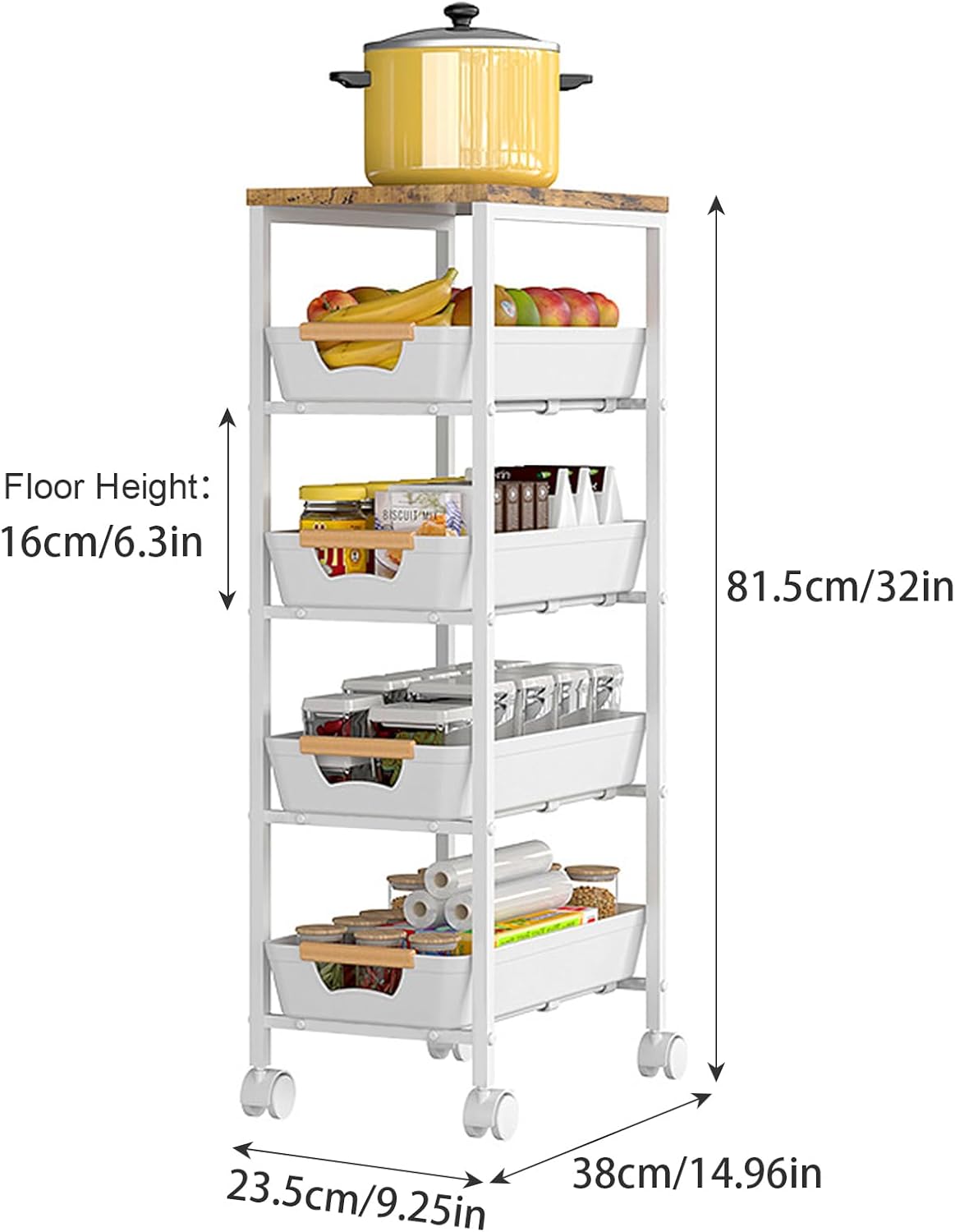 Aupekro 5-Tier Rolling Storage Cart with Wooden Top, Narrow Metal Kitchen Storage Cart, Versatile Mobile Shelving Unit Trolley, Pantry Utility Cart with Pull-Out Drawer (White)