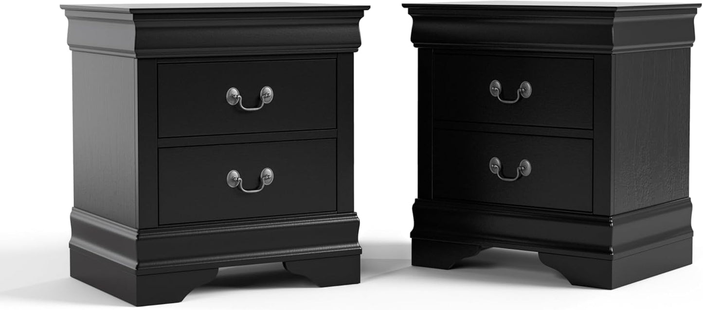Furniture of America Arabella Traditional Solid Wood Nightstands Set of 2, Bedside Table with Drawers and Antique Nickle Handles, No Assembly Wooden Night Stands for Bedrooms, Guest Room, Dorm, Black