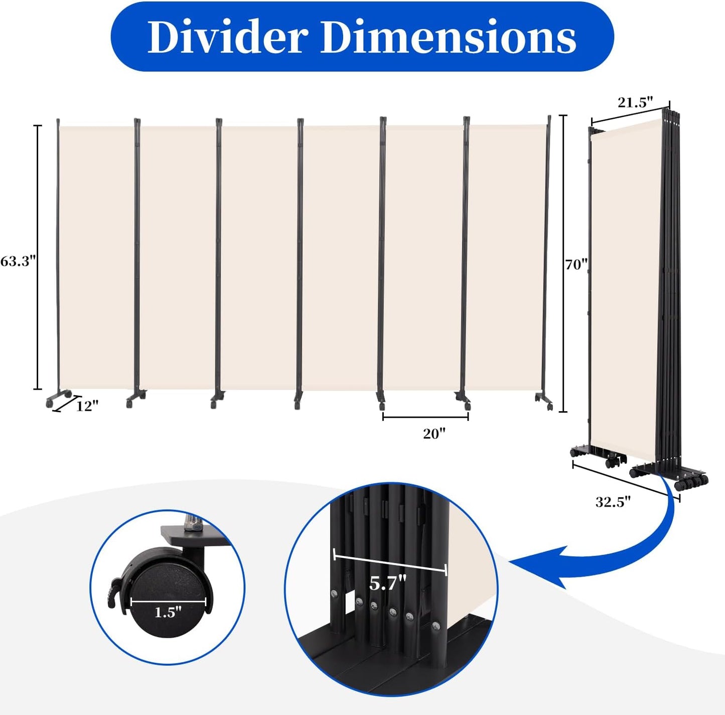 Room Divider 6FT Room Partition with Lockable Wheels, 6 Panel (Thicked Metal Base) Room Dividers, Freestanding Indoor Folding Privacy Screens, Portable Fabric Wall Divider for Room Separation, Beige