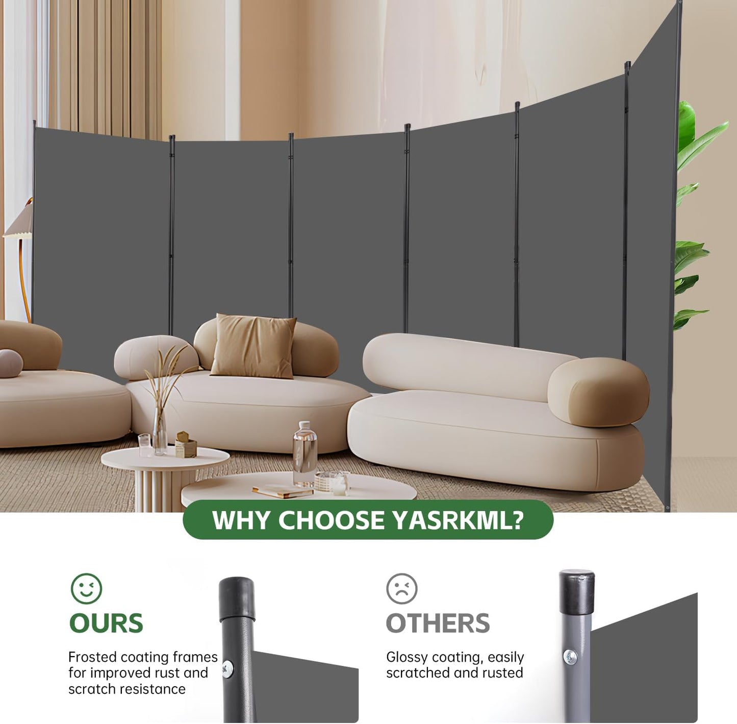 YASRKML Room Divider Folding Privacy Screens, Portable Room Divider Panel 6 Panel Partition Room Dividers Screen, Freestanding Room Partitions and Dividers Fabric Dividers for Room Separation, Grey