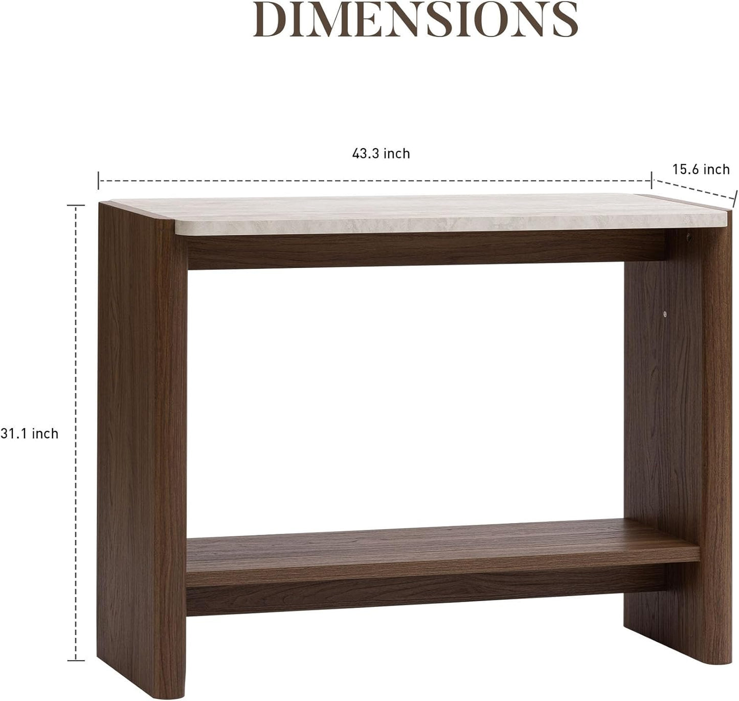 COSIEST 43.3" Farmhouse Console Table for Entryway, 2-Tier Sofa Table with Faux Stone Grain Top, Slim Accent Table for Hallway, Behind Couch, or Living Room, Brown Wood Look