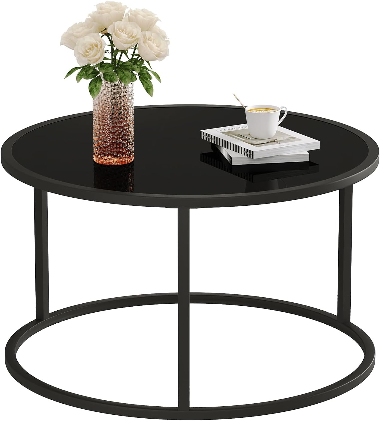 SAYGOER Black Glass Coffee Table Small Round Coffee Tables 27.6In Modern Tempered Glass-Top Accent Center Table for Living Room Home Office Small Space Easy Assembly