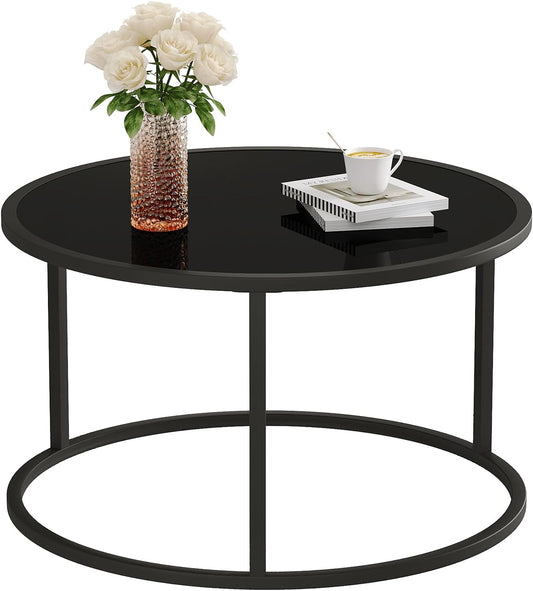 SAYGOER Black Glass Coffee Table Small Round Coffee Tables 27.6In Modern Tempered Glass-Top Accent Center Table for Living Room Home Office Small Space Easy Assembly