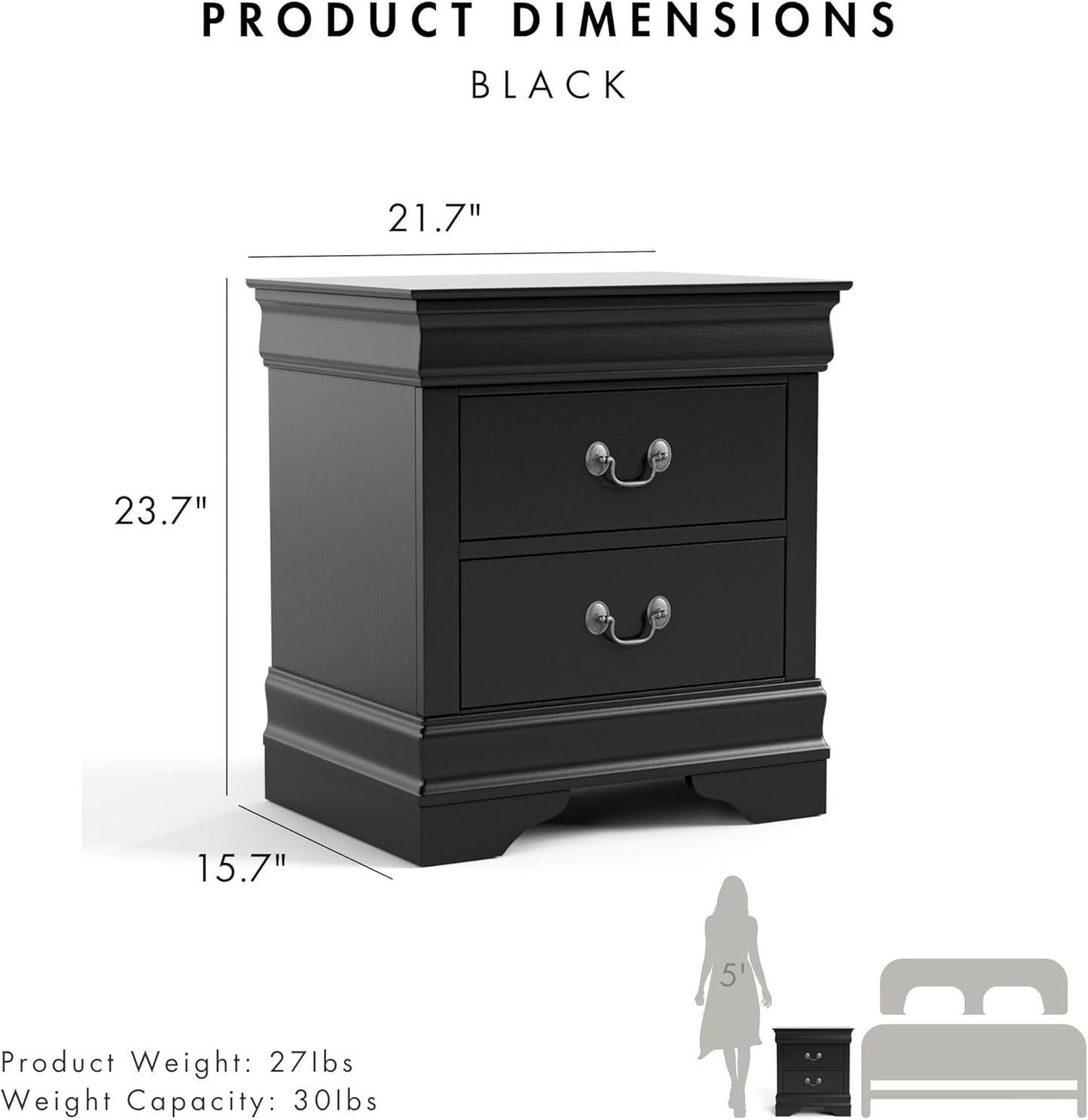 Furniture of America Arabella Traditional Solid Wood Nightstands Set of 2, Bedside Table with Drawers and Antique Nickle Handles, No Assembly Wooden Night Stands for Bedrooms, Guest Room, Dorm, Black