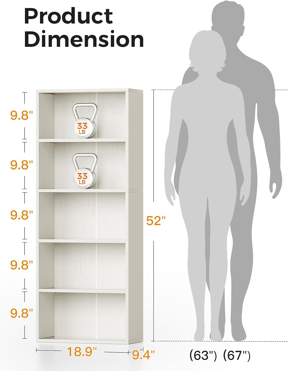 Casaottima 5-Tier Open Bookshelf and Bookcase, Floor Standing Display Storage Shelves for Living Room, Tall Book Shelf for Bedroom, Home Office, Dining Room, White