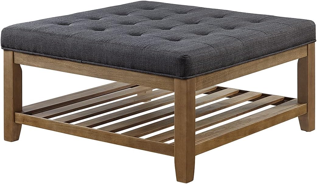 24KF Large Square Upholstered Tufted Linen Ottoman Coffee Table, Large Footrest Ottoman with Solid Wood Shelf- Charcoal