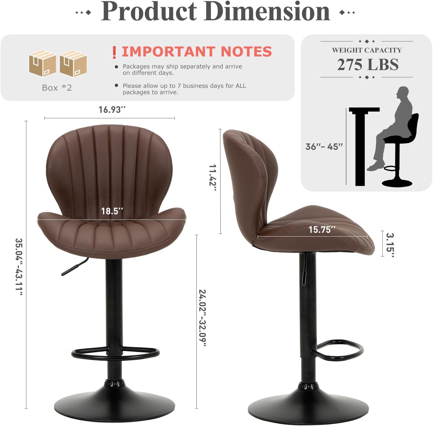 COLAMY Bar Stools Set of 4, Modern Swivel Bar Chairs, Adjustable Faux Leather Upholstered Barstools Counter Height with High Backrest for Bar, Kitchen Island, Dining Room, Brown