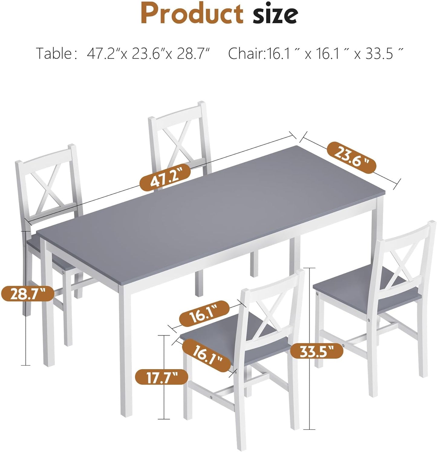 soges 5 Pieces Dining Table Set with 4 Chairs, 47.2 inch Kitchen Pine Wood Table for 4, Rectangular Dining Table Furniture Set for Kitchen, Dining Room, Dinette, White & Grey