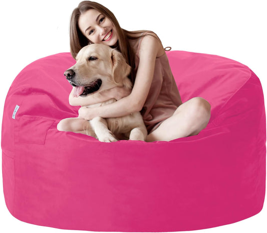 3FT Bean Bag Chair with Ultra Soft Velvet Cover Bean Bag Sofa with Memory Foam Bean Bag Chairs with Large Size Lazy Sofa for Dorm Office Living Room Bedroom Hot Pink 3'
