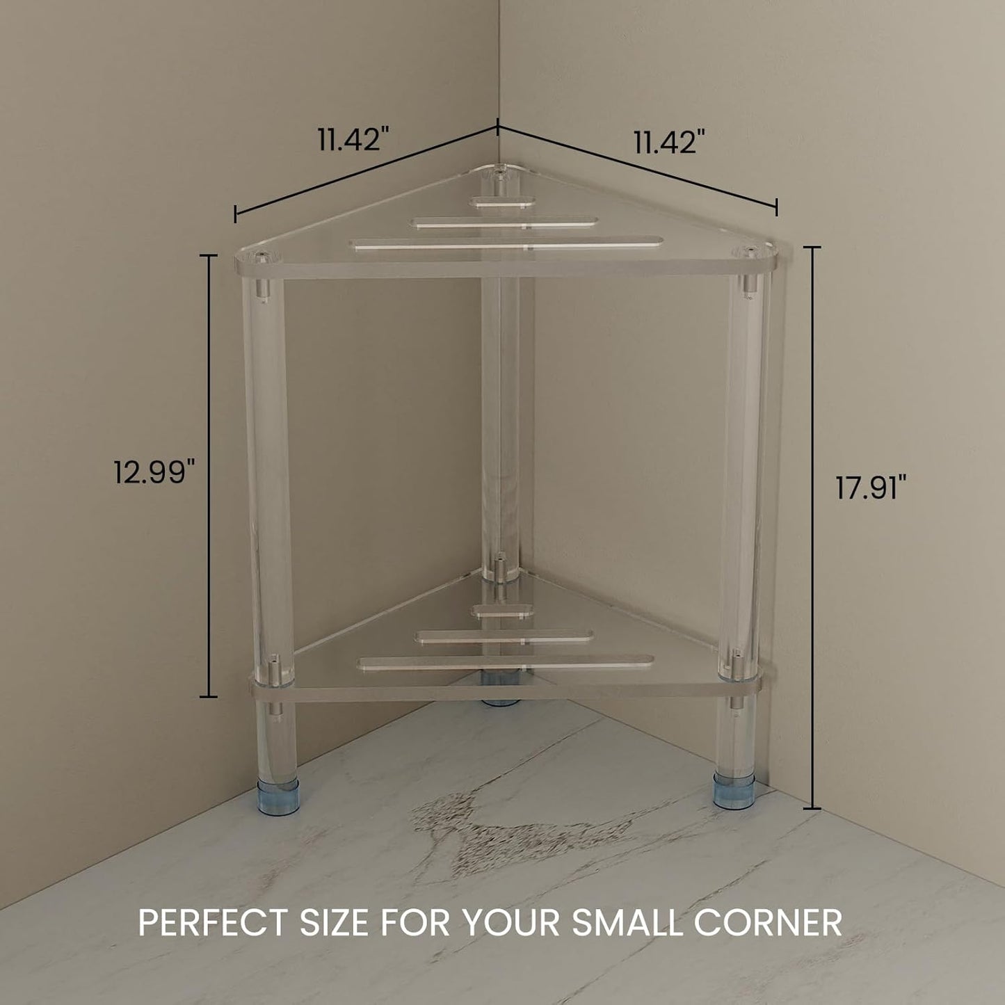 Acrylic Corner Shower Stool for Shaving Legs 11.42" D X 11.42" W X 17.91" H, Triangle Foot Rest With Storage Shelf, Heavy Duty, for Inside Shower