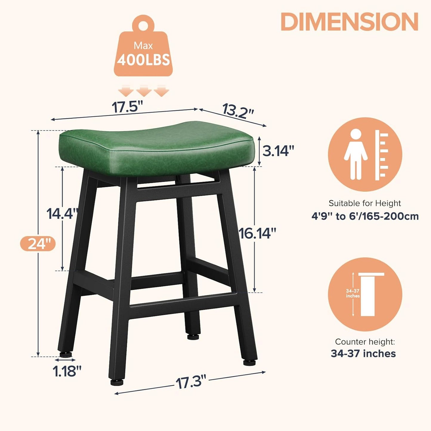 Counter Height Bar Stools Set of 2, 24 Inch Barstools for Kitchen Counter, Kitchen Stools with Faux Leather Saddle Seats & Heavy Duty Metal Legs, Easy Assembly, Forest Green