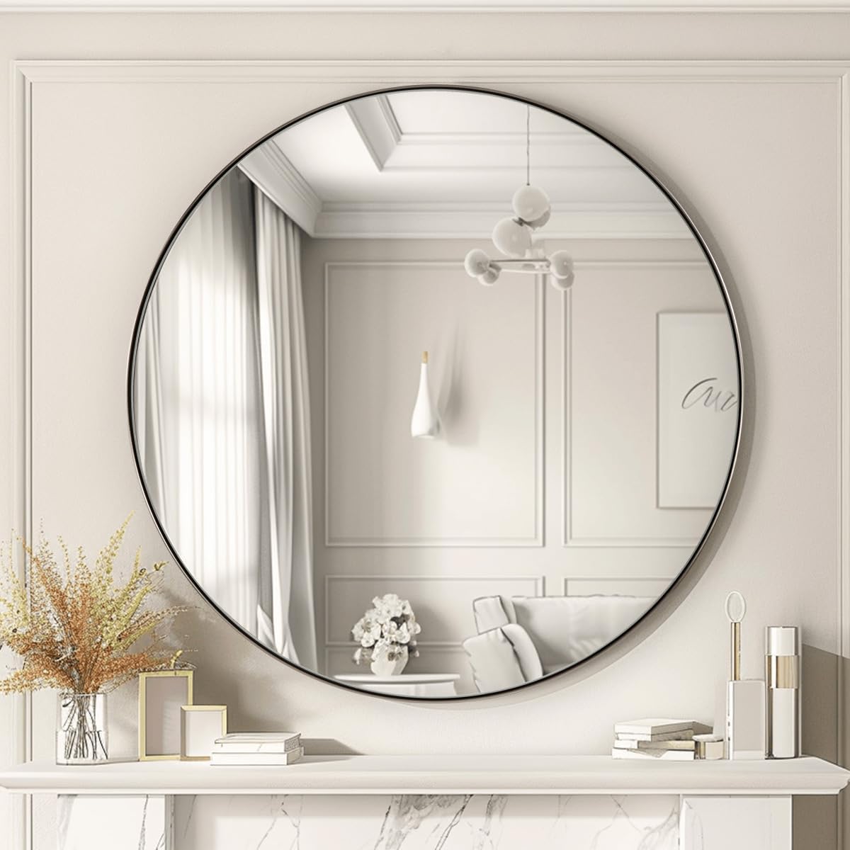 ANDY STAR Nickel Round Mirror, 26" Brushed Nickel Round Mirror, Sliver Circle Bathroom Mirrors in Stainless Steel Metal Frame 1" Deep