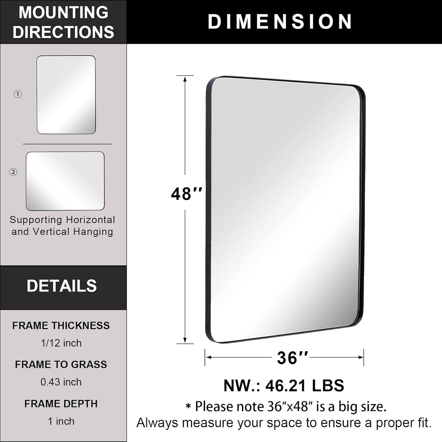 ANDY STAR 36”x48” Black Bathroom Mirror, Wall Mirror for Bathroom, Rounded Rectangle Mirror in Premium Stainless Steel Metal Frame Hangs Horizontal Or Vertical (Matte Black)