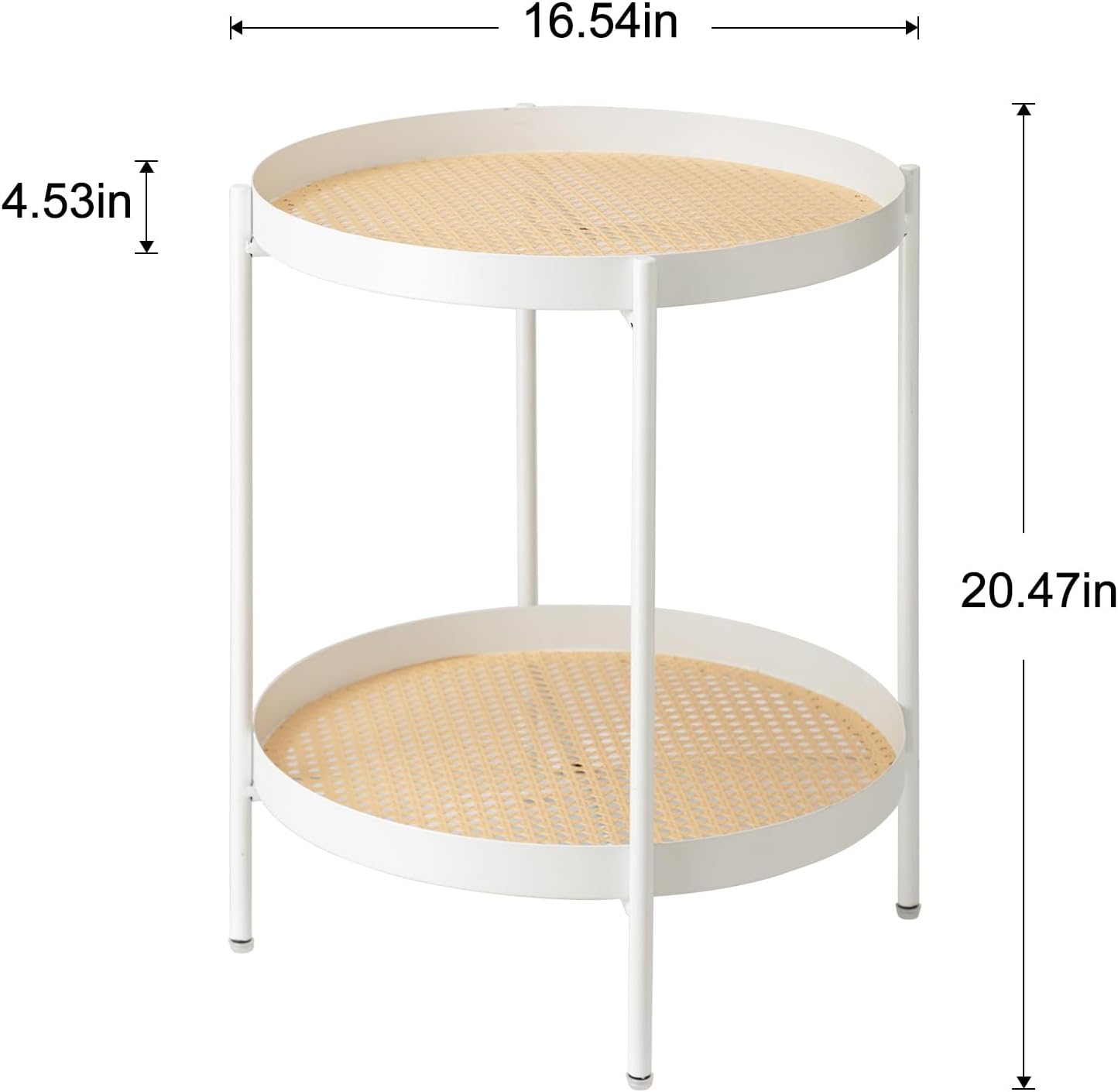 danpinera All Metal Side Table, 2 Tier Anti Rust Small Table with Imitation Rattan Pattern on Removable Trays for Living Room, White Round Nightstand for Bedroom, 20.47 Inch x 16.54 Inch Pearl White