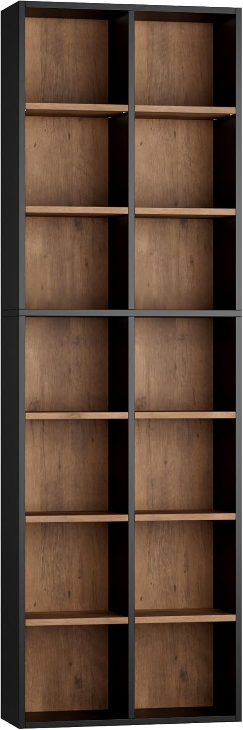 FOTOSOK 71'' Tall Bookshelf, Double Wide Media Tower Rack CD DVD Rack Display Cabinet with Adjustable Shelves, Tall Narrow Bookcase Bookshelf for Home Office, Black/Brown