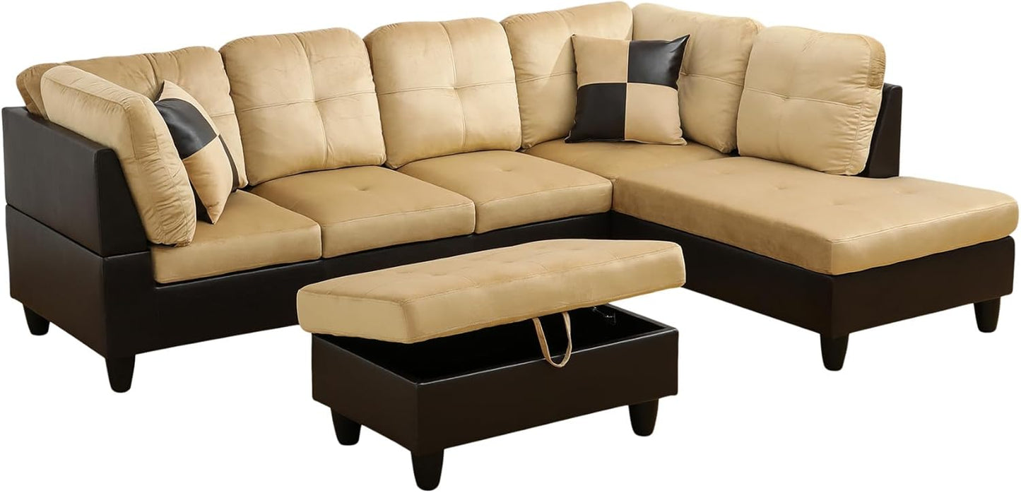 Couches for Living Room Modern L Shaped Couch Comfy Lint Fabric 3 Pieces Sectional Sofa with Chaise, Ottoman with Storage for Office and Small Apartment, Beige and Brown