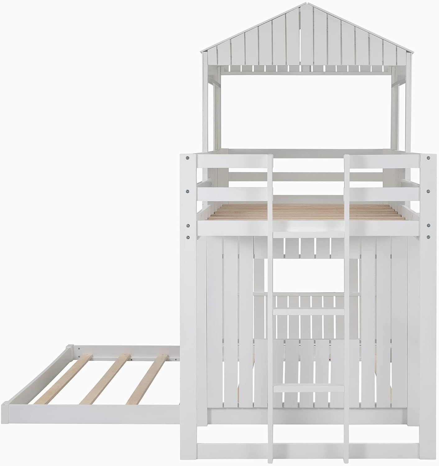 Ball & Cast Twin Over Full Playhouse Bunk Bed with Ladder and Window,Farmhouse Wood Bunkbed w/Full-Length Guard Rail & Slat Support,Space Saving,Bedroom Furniture for Student Dorms,White