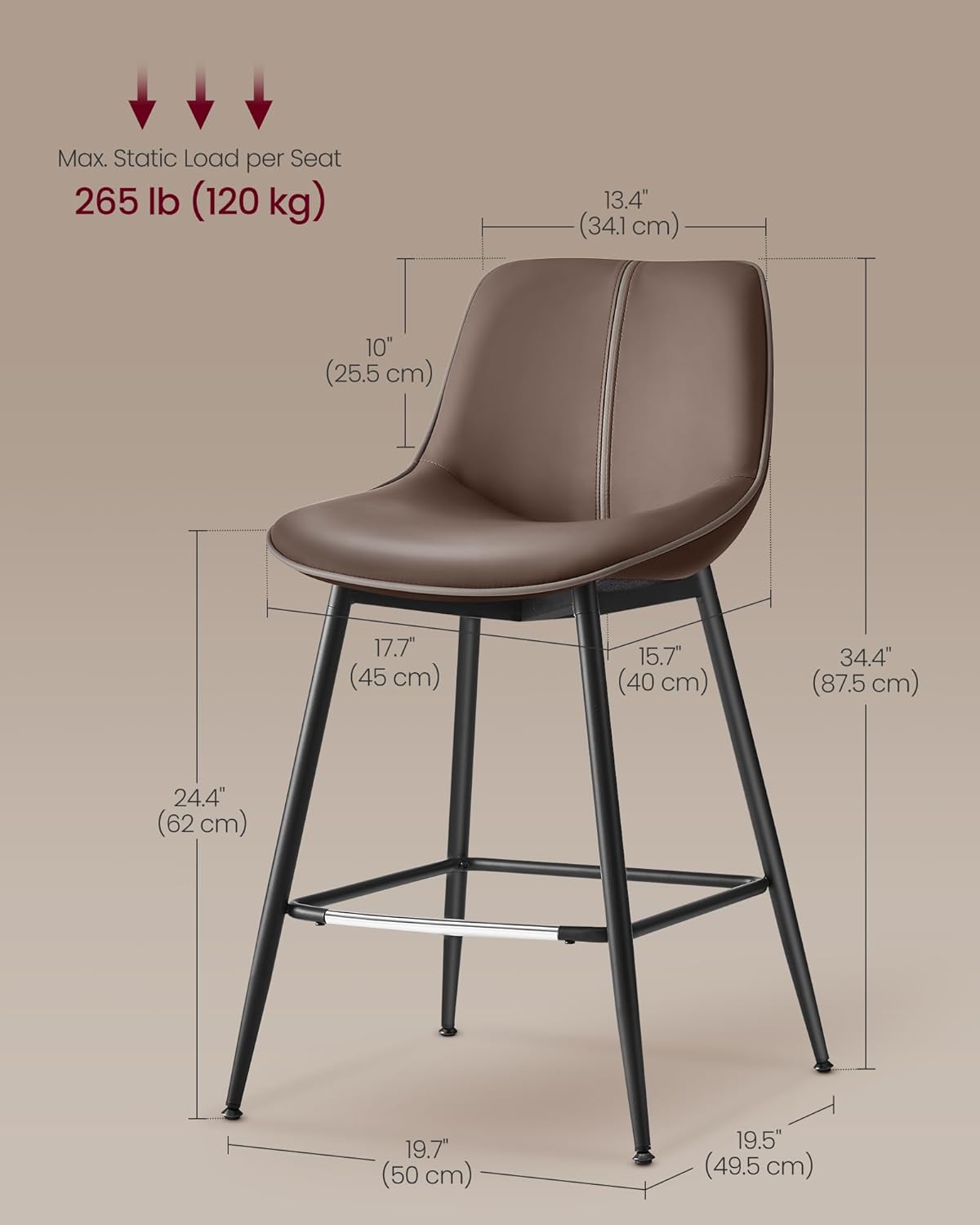 VASAGLE Bar Stools Set of 2, Counter Height Bar Stools with Back, Ergonomic Backrest, Synthetic Leather, Metal Legs, 24.4-Inch Tall Barstools for Kitchen Island Home Bar, Easy Assembly, Chestnut Brown