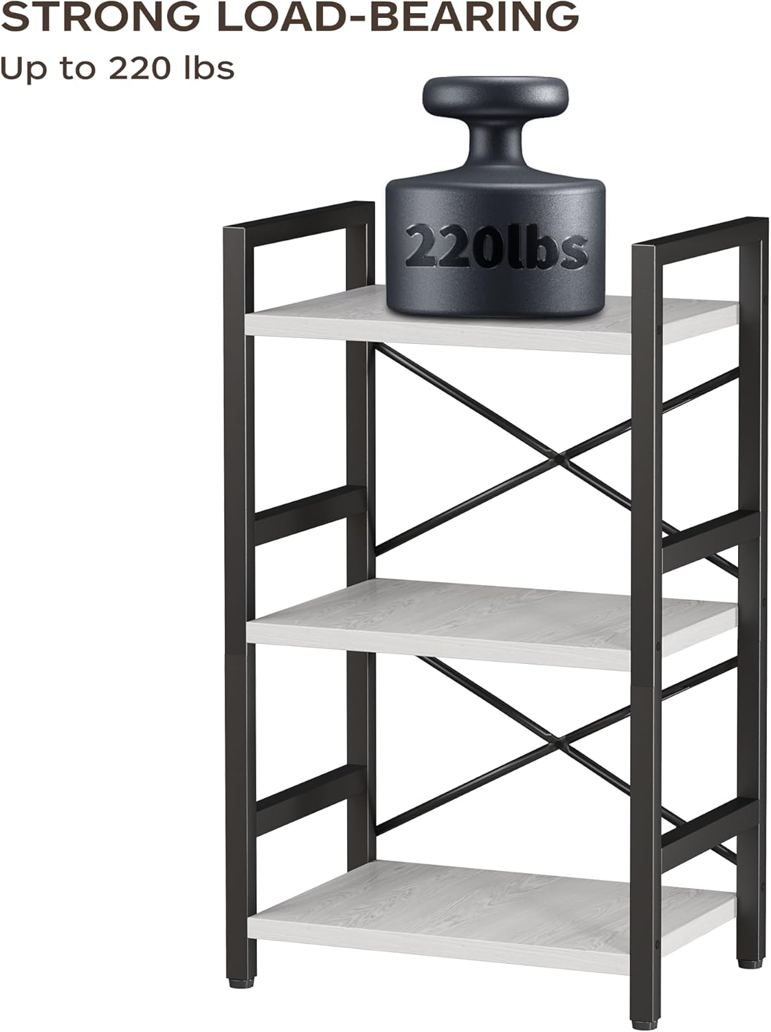 Homeiju Bookshelf, 3 Tier Industrial Bookcase, Metal Small Bookcase, Rustic Etagere Book Shelf Storage Organizer for Living Room, Bedroom, and Home Office(White) Patent Pending D29873033