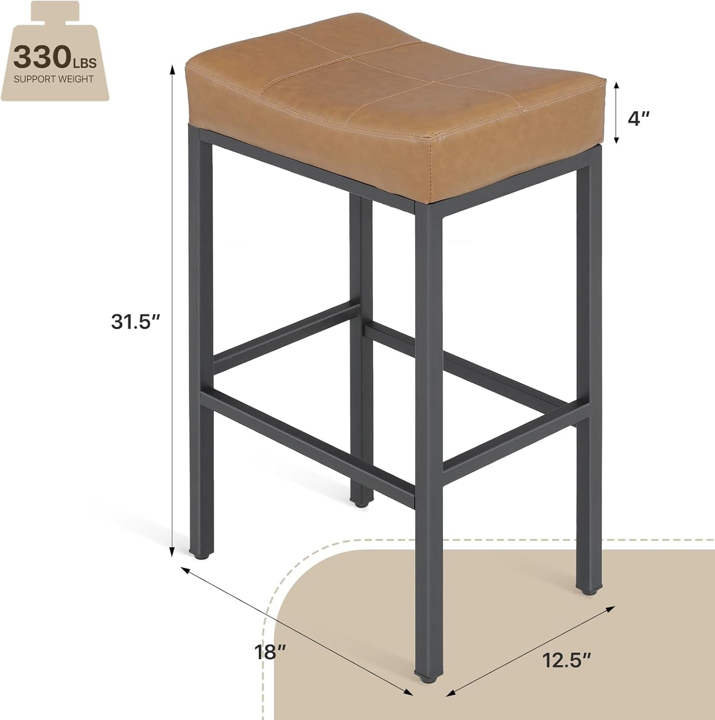 Athena Collection Counter Height Bar Stools Set of 2, 31.5 Inches Saddle Bar Stools with Leather Upholstered and Metal Legs, Backless Barstools for Counter, Kitchen Island, Dining Room, Brown