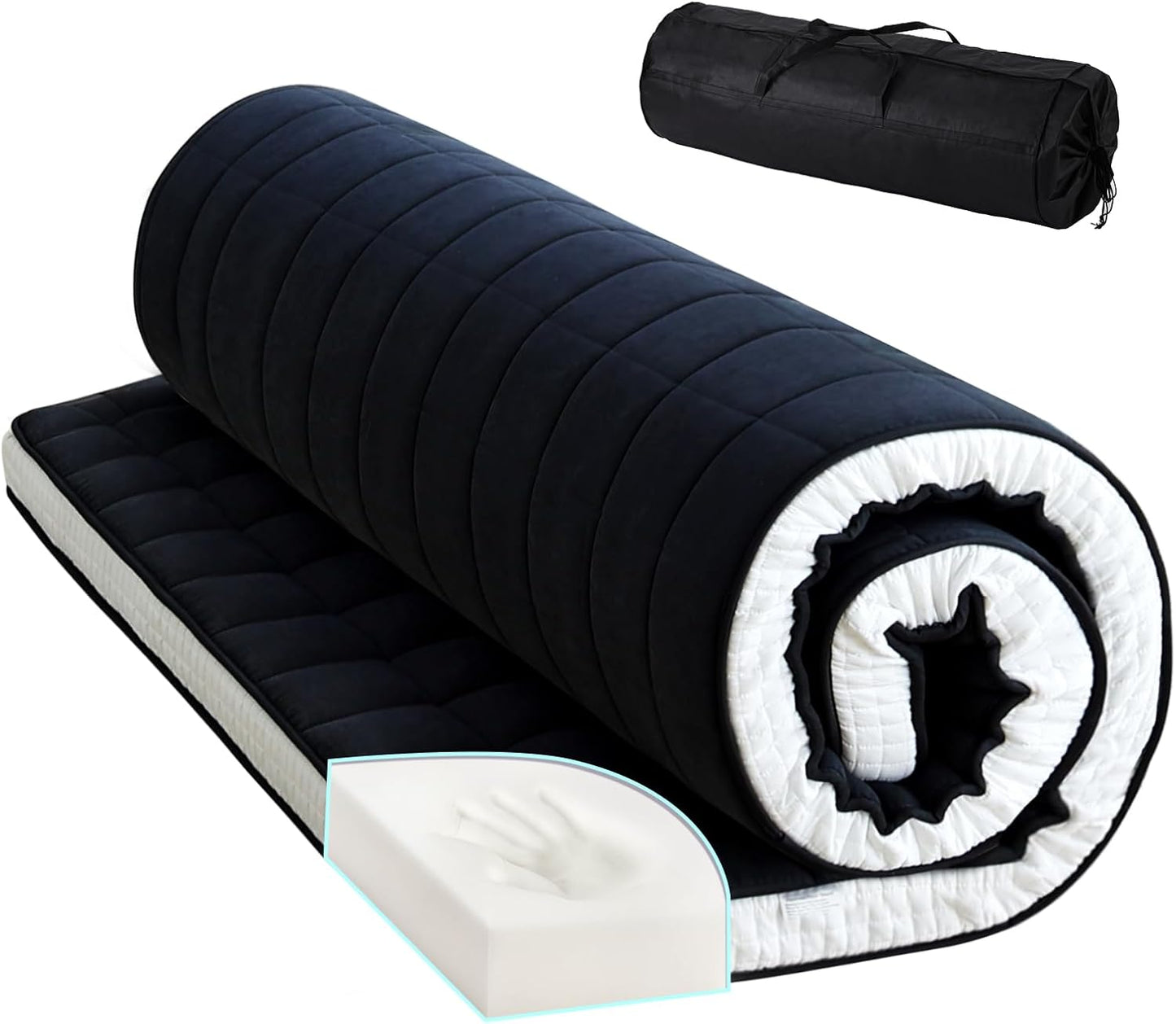 Tiita Japanese Floor Mattress, 4” Thicken Futon Mattress with Storage Bag and 2 Straps，Queen Size Sleeping Tatami Mat for Adults，Black