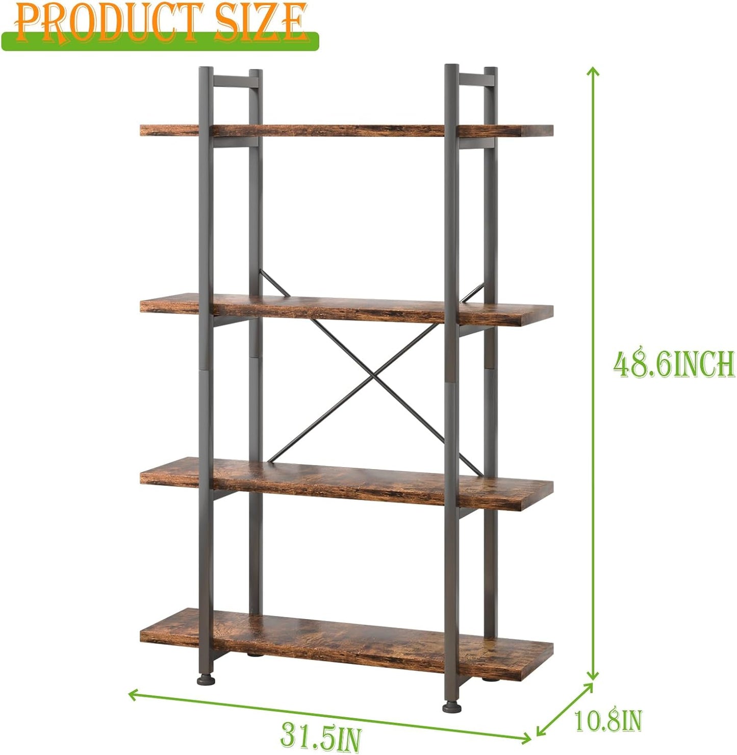 4 Tiers Bookshelf Rustic Brown Wooden Storage Shelf, Industrial Shelf Book Organizer,Modern Open Display Storage Bookcase,Metal Bookshelf Standing Tall Shelving Units for Home Office Study.