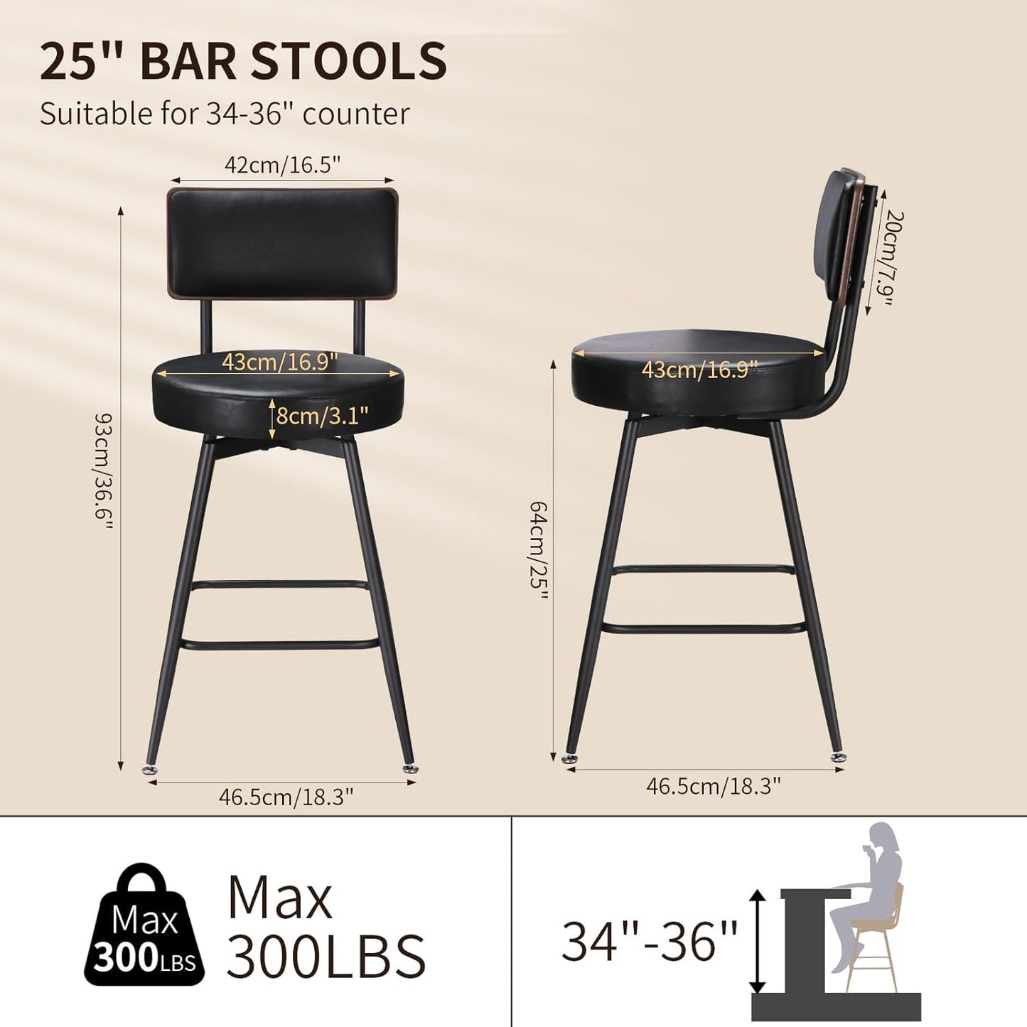 Bar Stools, 25 Inch Swivel Counter Height Bar Stools Set of 2, Black Faux Leather Swivel Bar Stool with Wood Back & Metal Legs for Kitchen Island Pub, Black